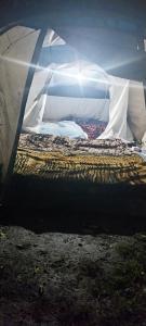 a bed in a tent with the sun shining on it at eco friendly camping site pahalgam in Pahalgām
