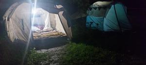two tents in the grass with the sun shining on them at eco friendly camping site pahalgam in Pahalgām