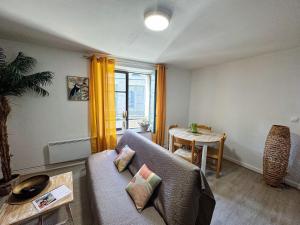 a living room with a couch and a table at La Palmeraie, Duplex in Bar-le-Duc