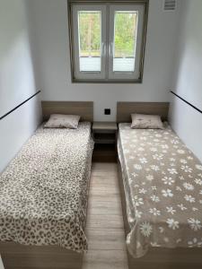 two beds in a room with two windows at Domek pod brzozami in Waszki