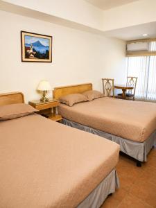 a hotel room with two beds and a table at Hotel Bresciani in La Aurora