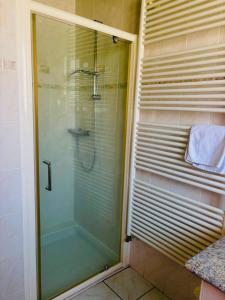 a shower with a glass door in a bathroom at Hôtel du Mont Bar in Allègre +11 photos