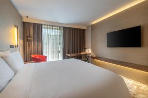 a hotel room with a large bed and a flat screen tv at Radisson Blu CDG Airport Terminal Hotel, Paris in Tremblay-En-France