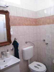 a bathroom with a toilet and a sink and a mirror at Sártekerő Vendégház in Alsópáhok