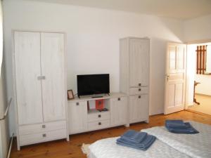 a bedroom with a tv on a white cabinet at Sártekerő Vendégház in Alsópáhok