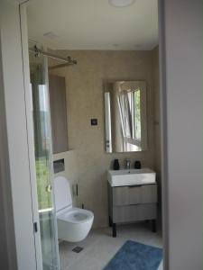 a bathroom with a toilet and a sink and a mirror at Apartment Marta Tivat in Tivat