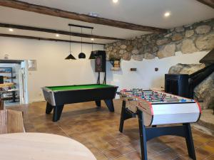 a room with two pool tables and a fireplace at Le Vernay en Savoie - Petit Hôtel Nature in Saint-Maurice-de-Rotherens +38 photos