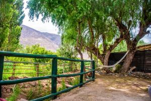a green fence next to a tree and a shed at Tale Cabaña de campo in Huacalera