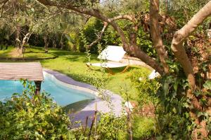 a hammock in the grass next to a swimming pool at La Corte di Maria in Piccilli