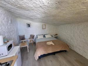 a bedroom with a bed and a microwave in a room at Cueva Sol in Fasnia +19 photos