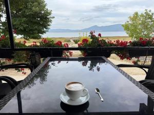 a cup of coffee sitting on a table with a view at Hotel Riva in Stenje +2 photos
