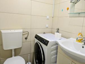 ein kleines Badezimmer mit Waschmaschine und Waschbecken in der Unterkunft Nirvana Apartman in Brčko + 11 Fotos