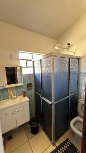 a bathroom with a shower and a toilet and a sink at Recanto 2 irmãos in Socorro +12 photos
