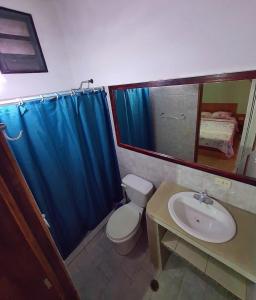 a bathroom with a toilet and a sink and a blue shower curtain at Toucherit Standar triple in La Asunción +15 photos