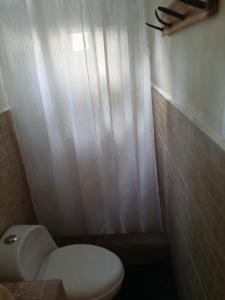 a bathroom with a toilet and a shower curtain at PETIT PARADIS CABAÑA Catemaco Rainforest Nature in Catemaco +36 photos