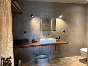 a bathroom with a white sink on a wooden shelf at La Vieille Demeure in Barbizon +27 photos