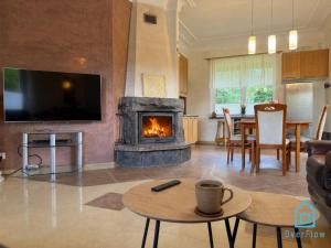 a living room with a fireplace and a tv at NaWypasie Grand Apartment with Fireplace Beautiful Garden SUP Board and Just 30 Minutes from Gdańsk and Gdynia in Szemud