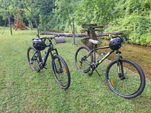 two bikes parked in the grass in a field at Kuća za odmor uz rijeku Slapnica, u Parku prirode Žumberak, finska sauna i jacuzzi in Krašić