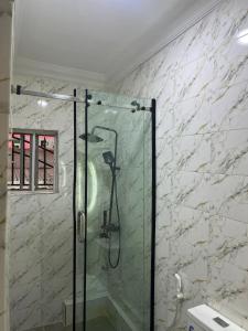 a shower with a glass door in a bathroom at Seyi Homes in Hausa
