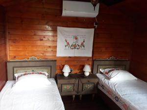 two beds sitting next to each other in a room at Rankine Kolibe in Kladovo
