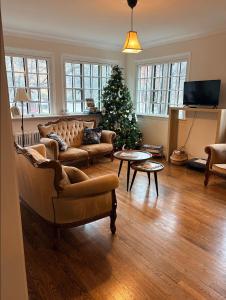 a living room with a christmas tree and a couch at The Ambassador in Ottawa