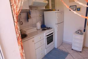 Una pequeña cocina con estufa y refrigerador. en Holiday House Doda, en Povlja 12 fotos más