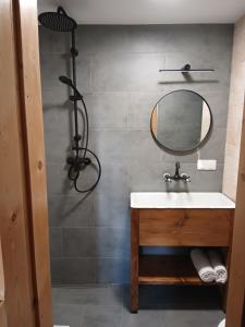 a bathroom with a sink and a mirror at Bauernhaus in Dzianisz