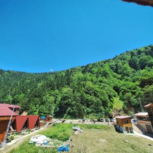 a view of a mountain with houses and trees at Katipogulları Apart in Uzungöl