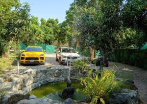 two cars parked next to a pond in a yard at Glamping Tlaconal in Oaxtepec