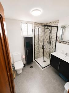 a bathroom with a shower and a toilet and a sink at Apartamento As Caldelas in O Grove