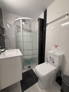 a bathroom with a shower and a toilet and a sink at Sun & Sea in Sounio