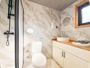 a bathroom with a toilet and a shower and a sink at OM Resort in Gura Teghii +37 photos
