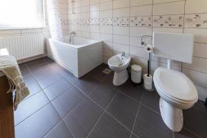 a bathroom with a toilet and a tub and a sink at Apartma Luketovi in Vojščica