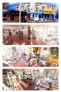 two pictures of a gym with machines and a building at Kuntur Casas de Campo in Mina Clavero