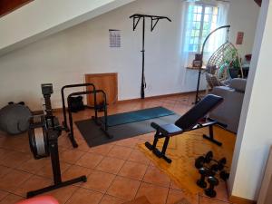 a room with a gym with a chair and weights at LAVA Açores Coliving in Ribeira Grande +6 photos