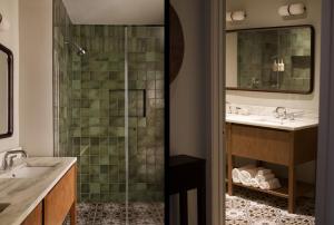 a bathroom with two sinks and a shower at The Nickel Hotel in Charleston +44 photos