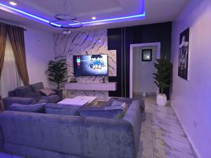 a living room with a couch and a tv at 9th House Apartments in Lagos