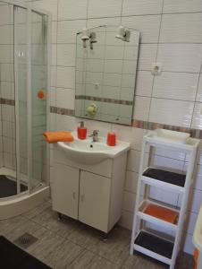 a bathroom with a sink and a mirror at Apartmani Zara & Duje in Bibinje