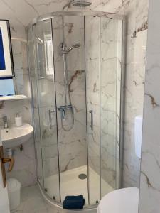 a shower with a glass door in a bathroom at Apartments Natali in Sveti Petar +104 photos