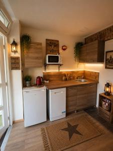 a kitchen with a white refrigerator and a microwave at Kempink U Šerifa in Protivín +20 photos