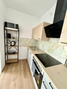 a kitchen with a sink and a stove top oven at Chill & Enjoy in Leopoldsdorf