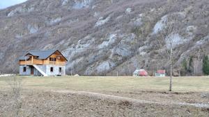 a house in a field in front of a mountain at Brvnara Nikolija in Šavnik