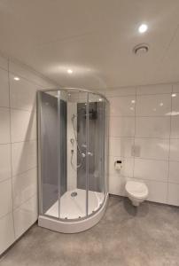 a bathroom with a shower and a toilet at Senja Laukhella in Senja +17 photos