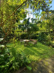 a picnic table and a bench in a park at Casa da Mata Madalena in Angra dos Reis