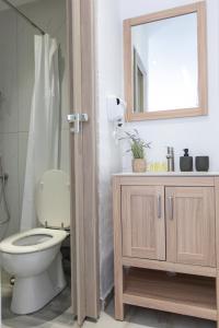 a bathroom with a toilet and a sink and a mirror at Almond Beachfront Resort - kalyves Halkidiki in Kalives Poligirou +31 photos