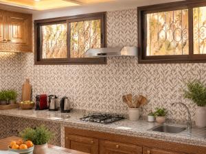 a kitchen with a sink and a stove and windows at Villa des Perles in Marrakesh