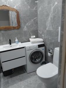 a bathroom with a washing machine and a toilet at SV Apartment in Jõhvi +6 photos