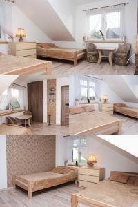 a collage of four pictures of a bedroom at Dom na Mazurach nad jeziorem Białym Zakątek Zacisze in Langendorf