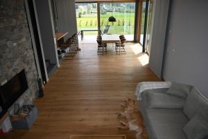 a dog laying on the floor in a living room at Haus Preber in Mariapfarr