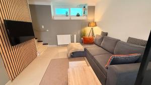a living room with a couch and a television at Chez Aneta in Sisteron